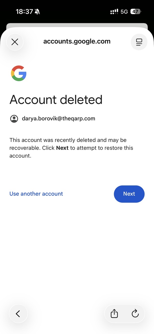 Google message stating that Daria Borovik's work account had been deleted